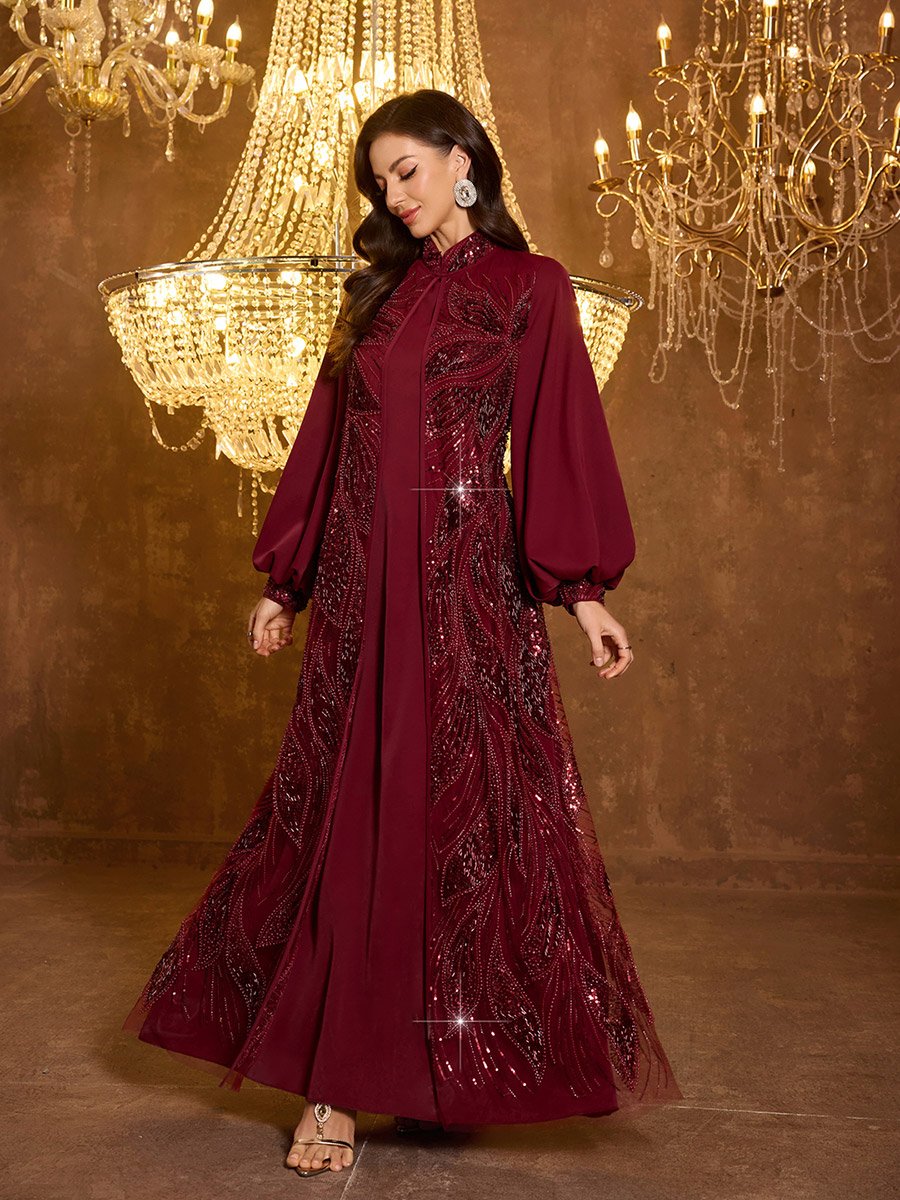 Burgundy Embellished Kimono and Maxi Dress Co-ord Set