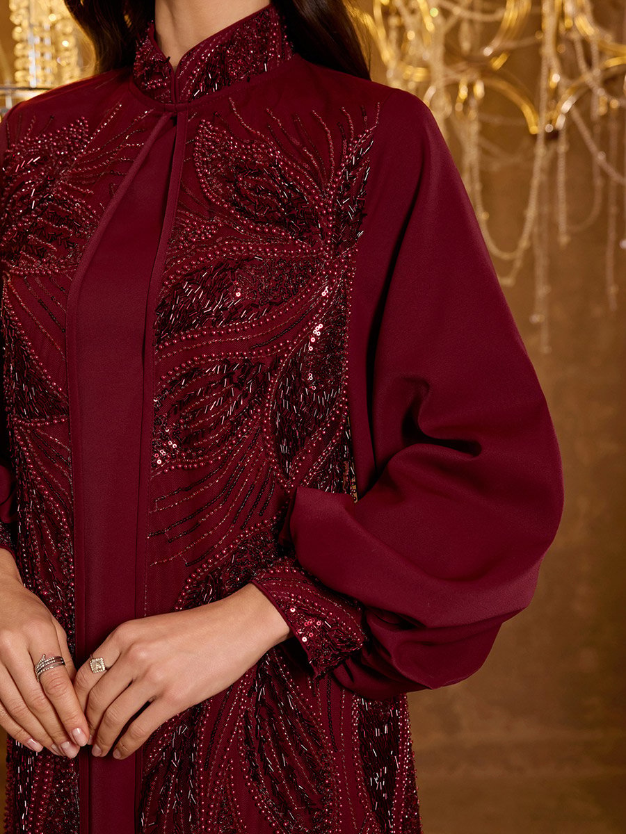 Burgundy Embellished Kimono and Maxi Dress Co-ord Set
