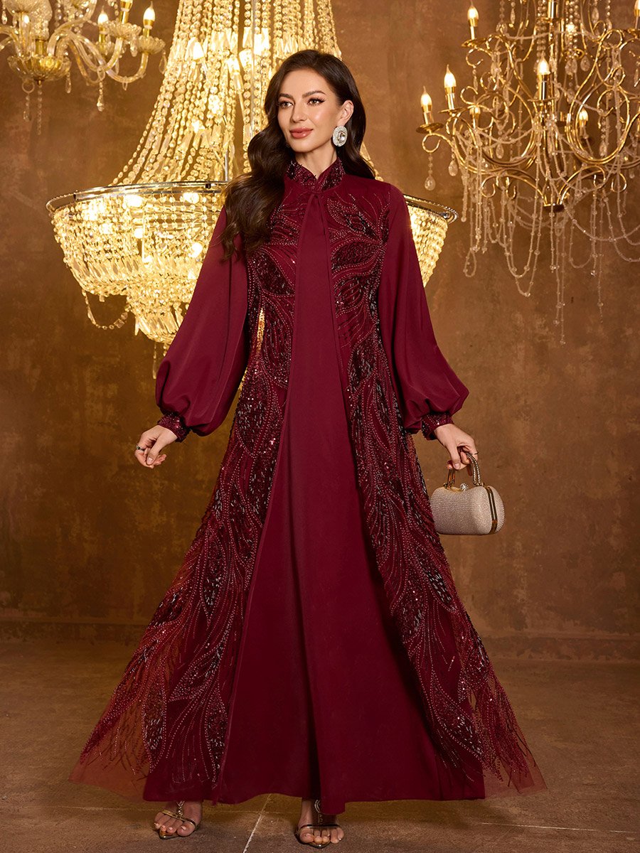 Burgundy Embellished Kimono and Maxi Dress Co-ord Set