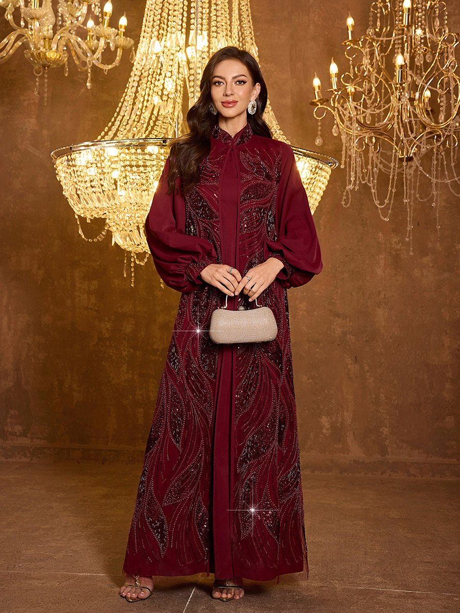 Burgundy Embellished Kimono and Maxi Dress Co-ord Set