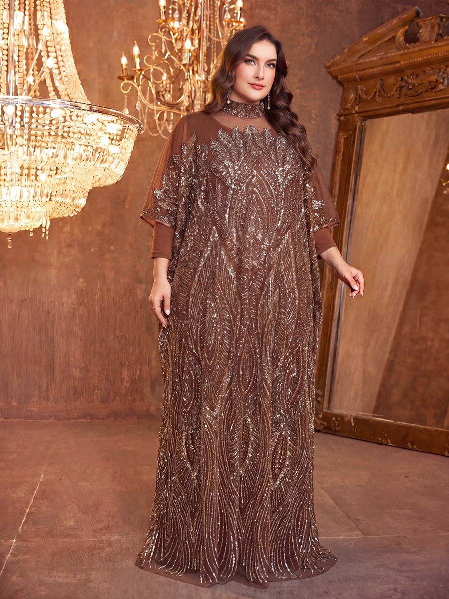 Plus Size Coffee Brown Sequin Kaftan