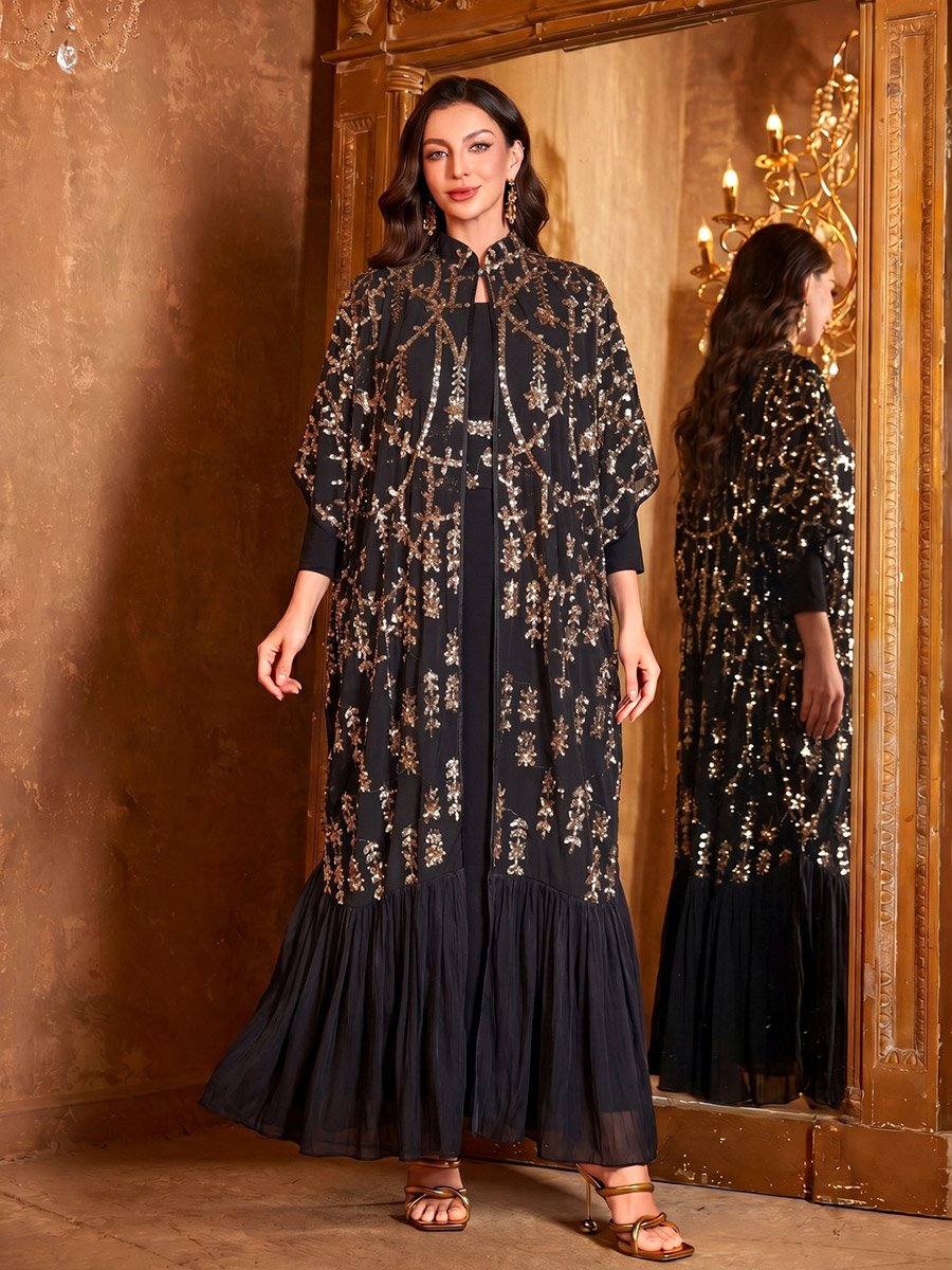 Black Sequined Cape and Maxi Dress Co-Ord Set