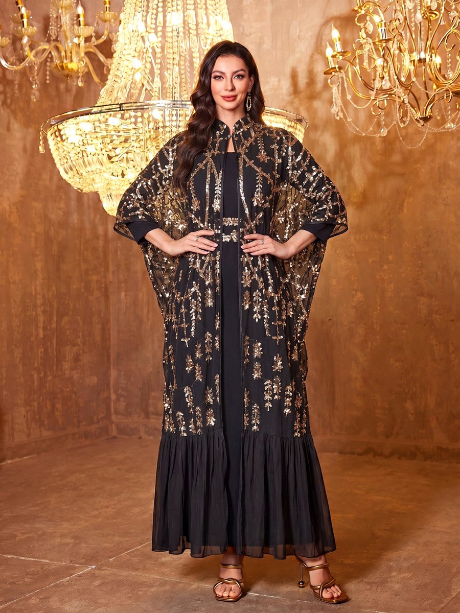Black Sequined Cape and Maxi Dress Co-Ord Set