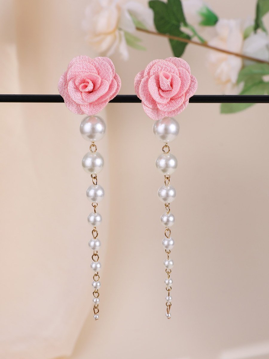 Pink Rose and Pearl Dangle Earrings