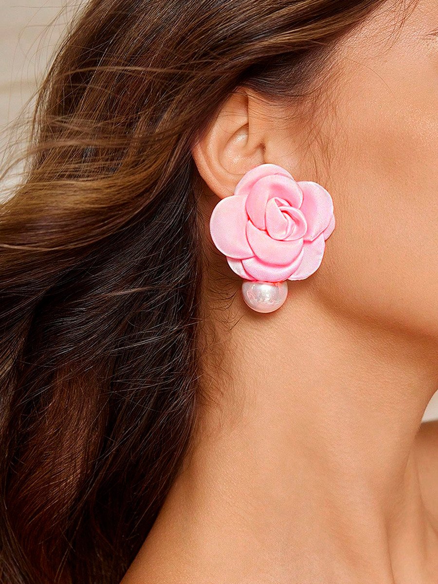 Pink Floral and Pearl Stud Earrings