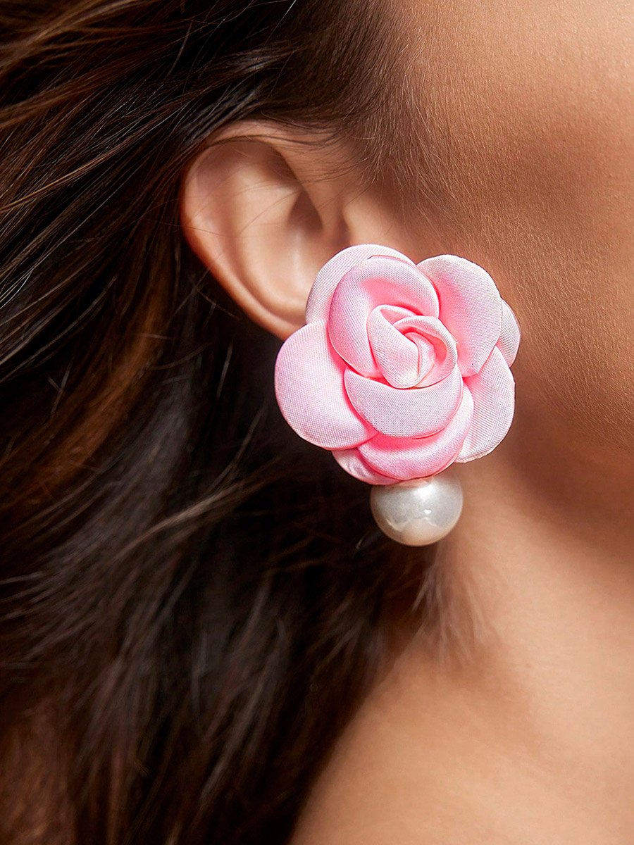 Pink Floral and Pearl Stud Earrings