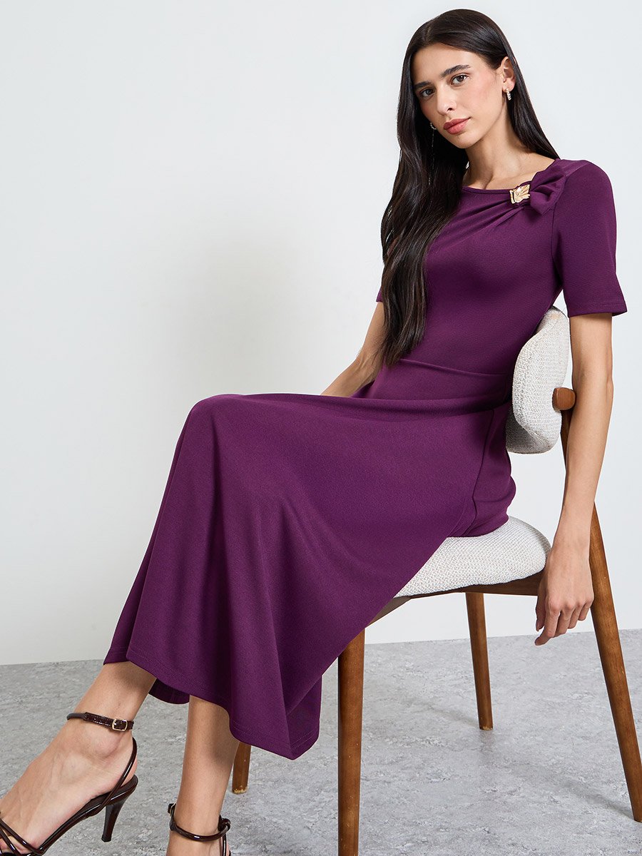 Purple Short Sleeves A-Line Midi Dress