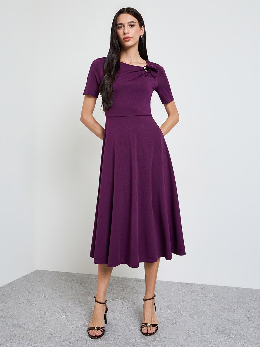 Purple Short Sleeves A-Line Midi Dress