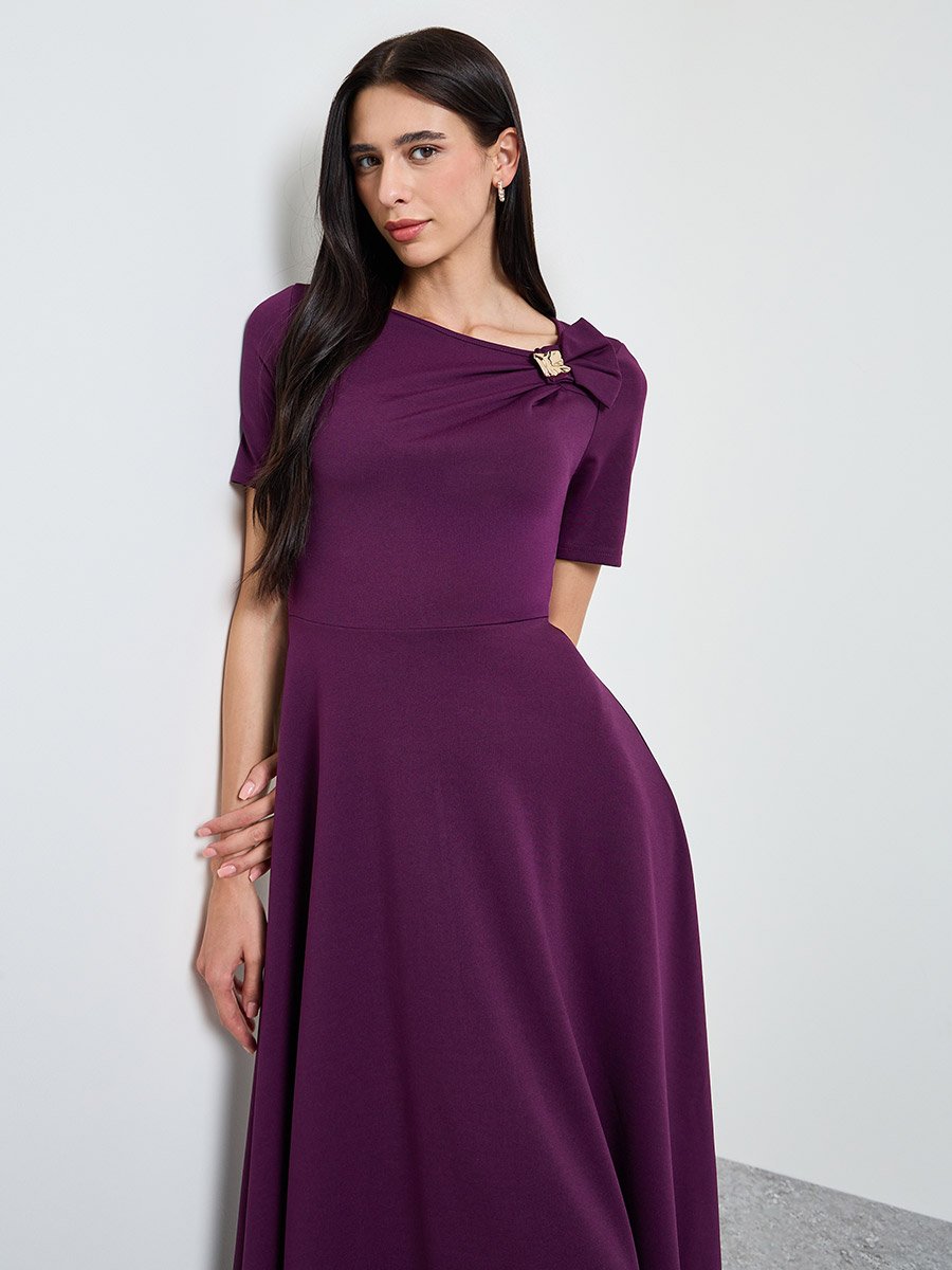 Purple Short Sleeves A-Line Midi Dress