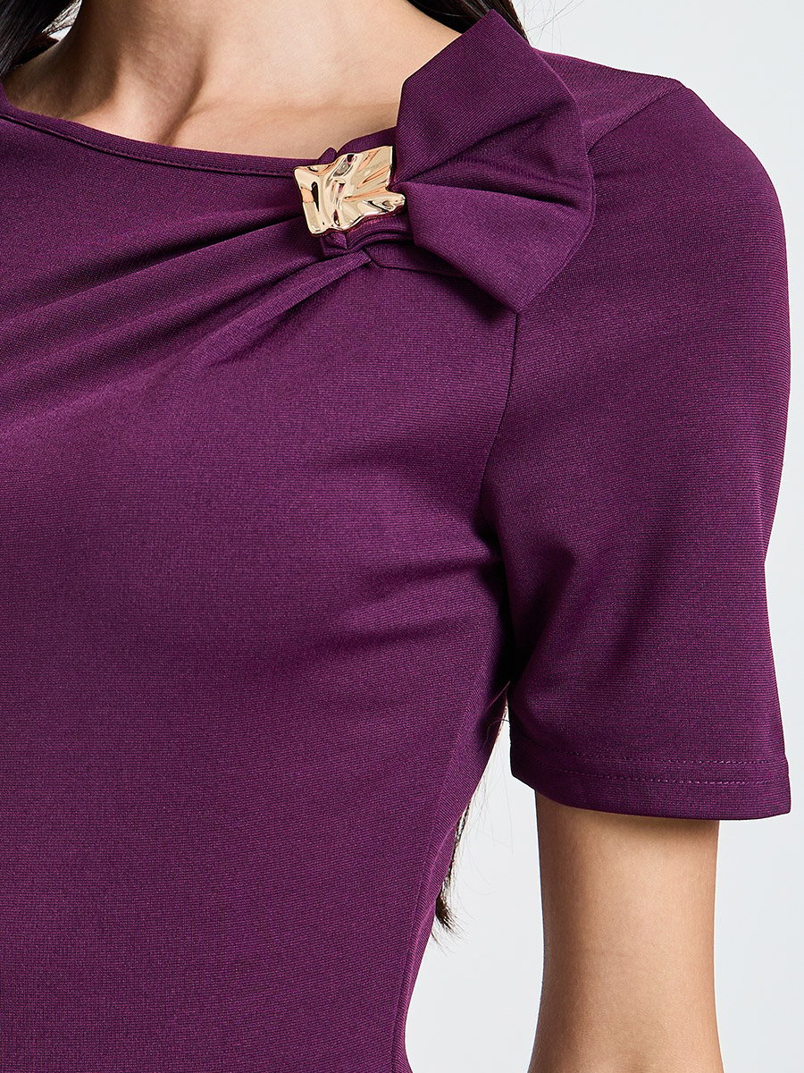 Purple Short Sleeves A-Line Midi Dress