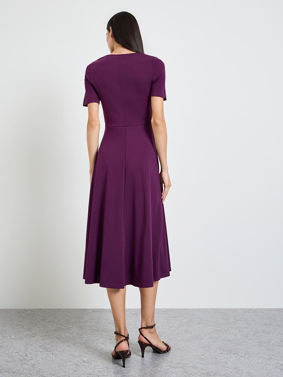 Purple Short Sleeves A-Line Midi Dress