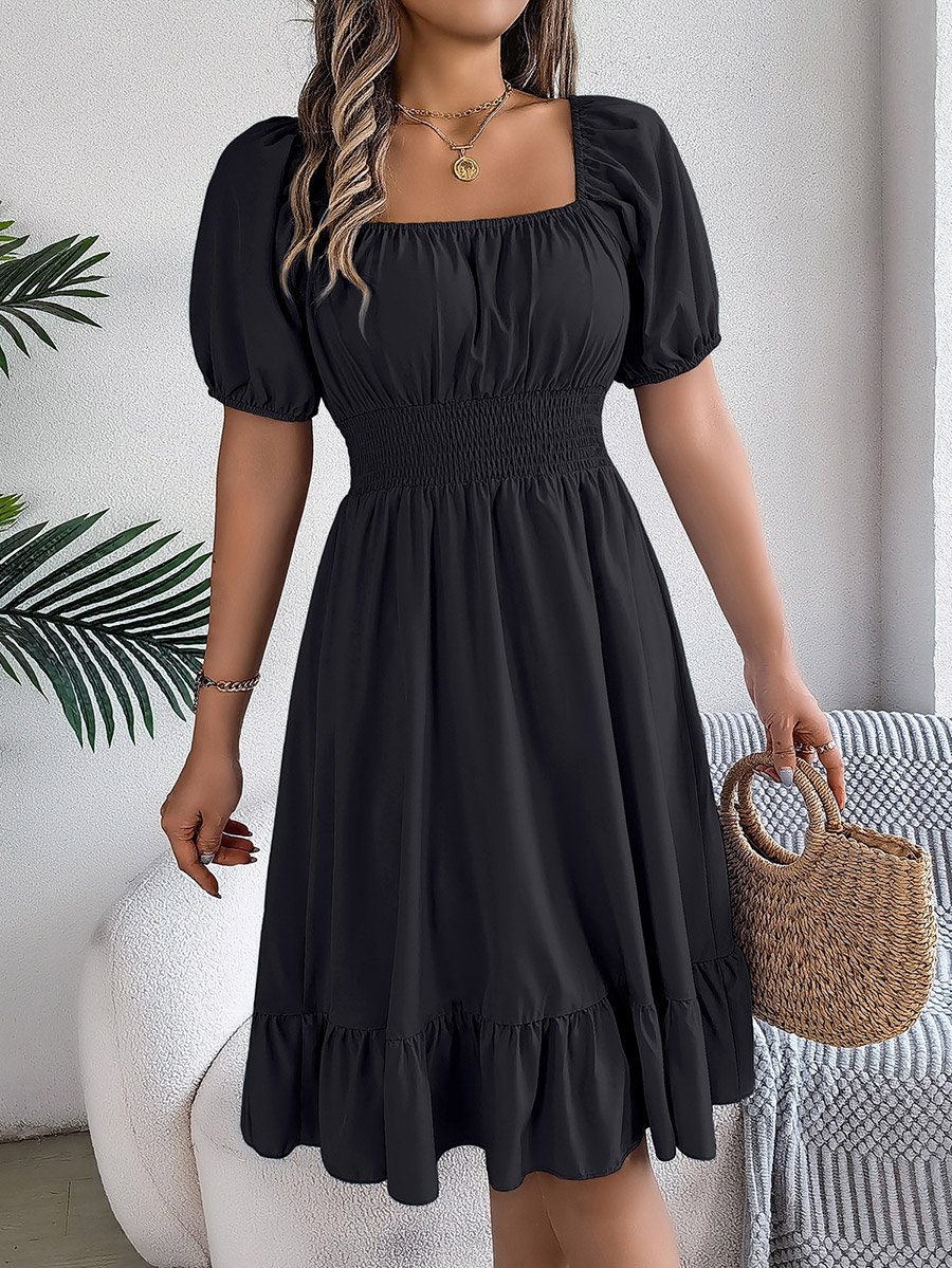 Black Square Neck Knee Length Dress