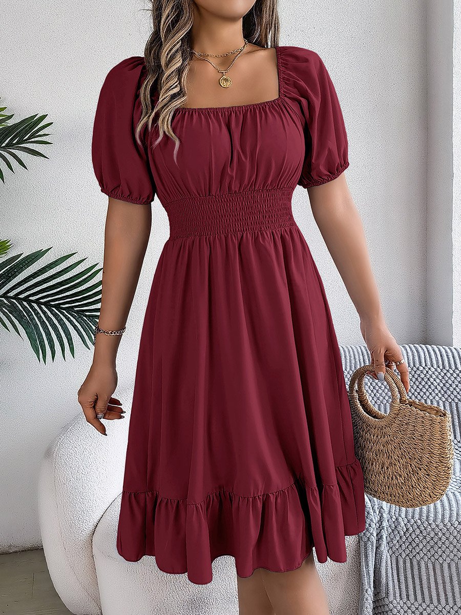 Burgundy Square Neck Knee Length Dress