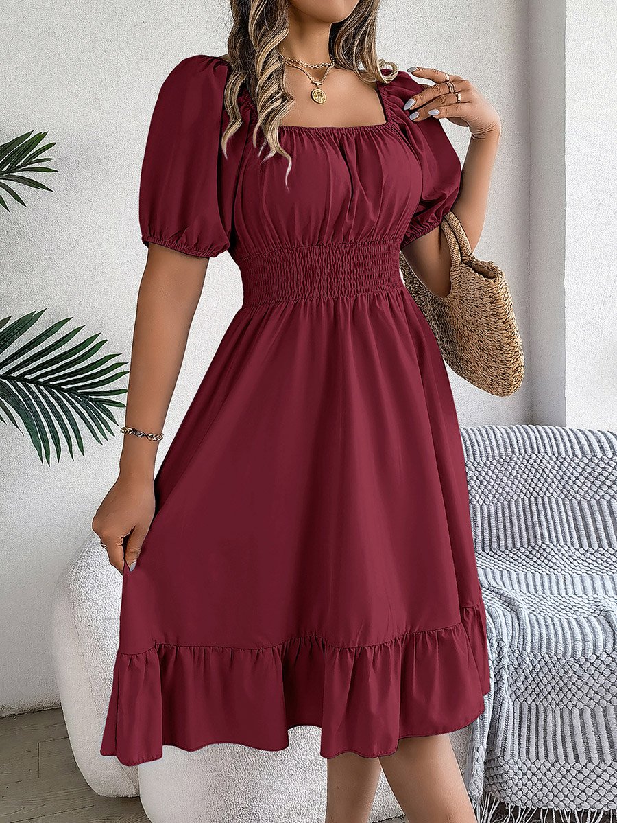 Burgundy Square Neck Knee Length Dress