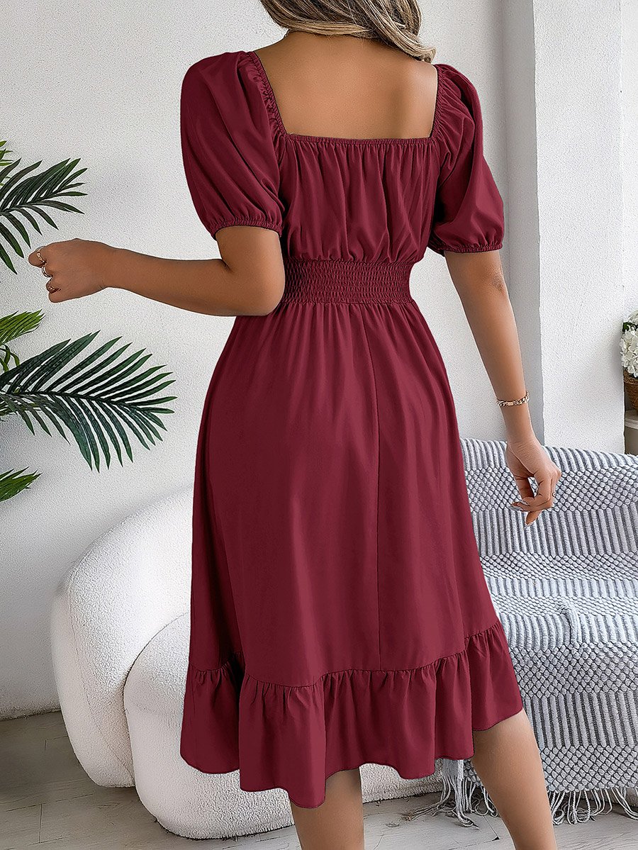 Burgundy Square Neck Knee Length Dress