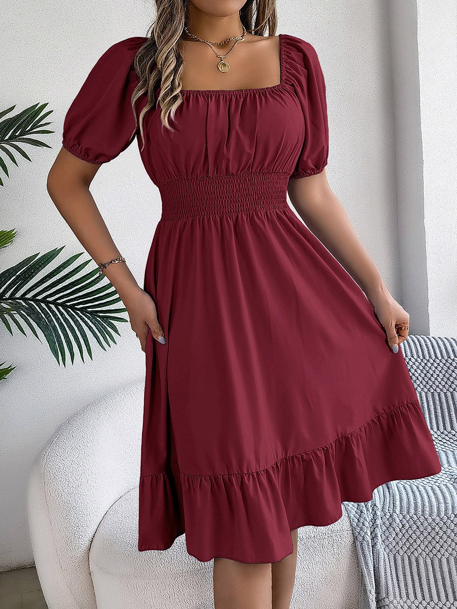 Burgundy Square Neck Knee Length Dress