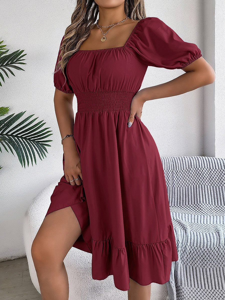Burgundy Square Neck Knee Length Dress