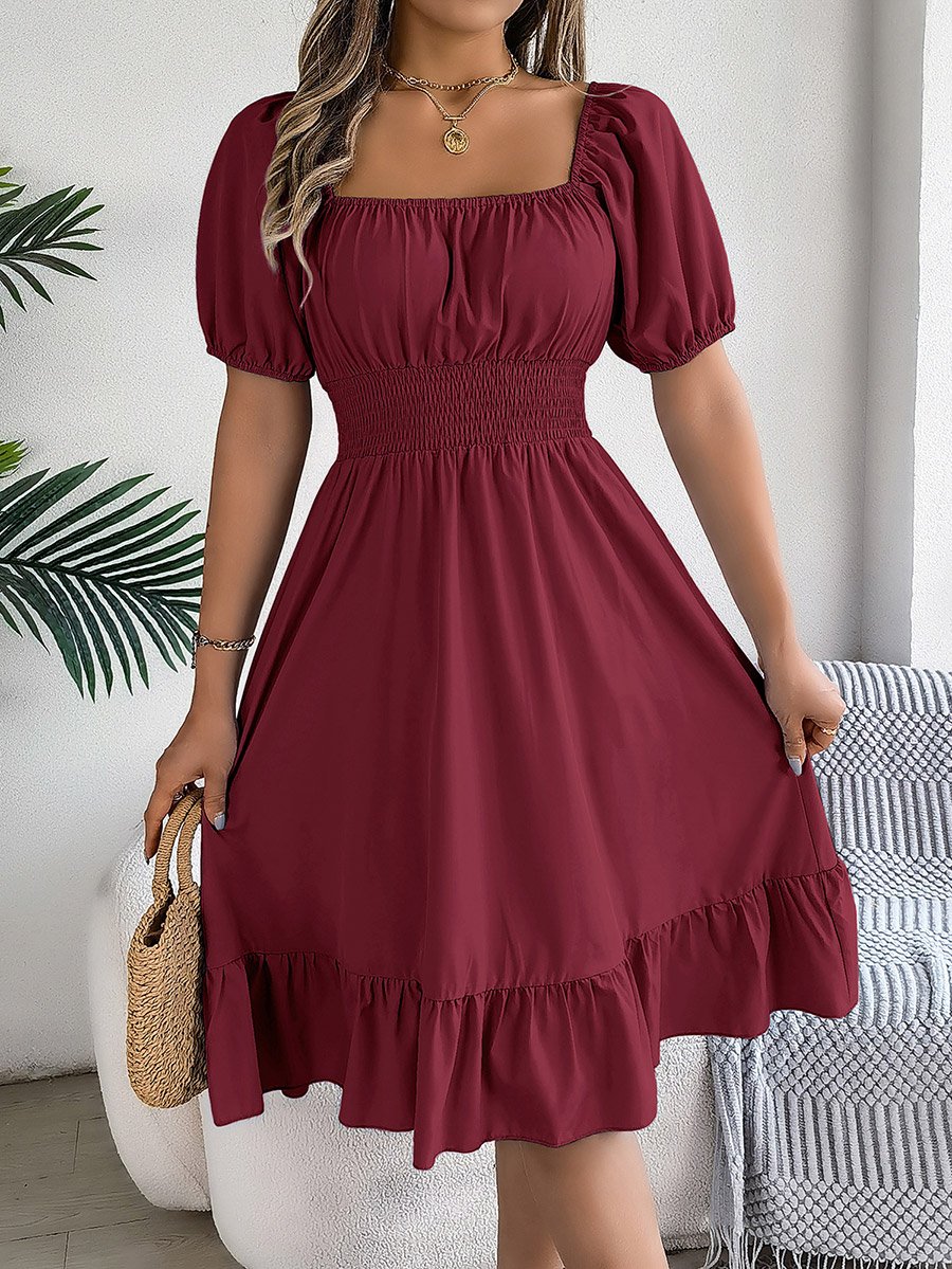 Burgundy Square Neck Knee Length Dress