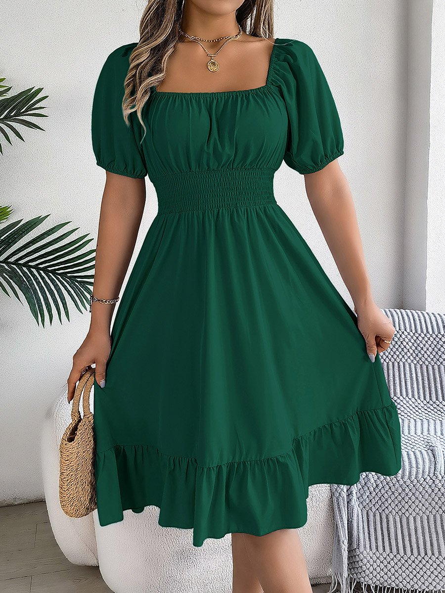 Dark Green Square Neck Knee Length Dress For Women at Kuwait | Styli