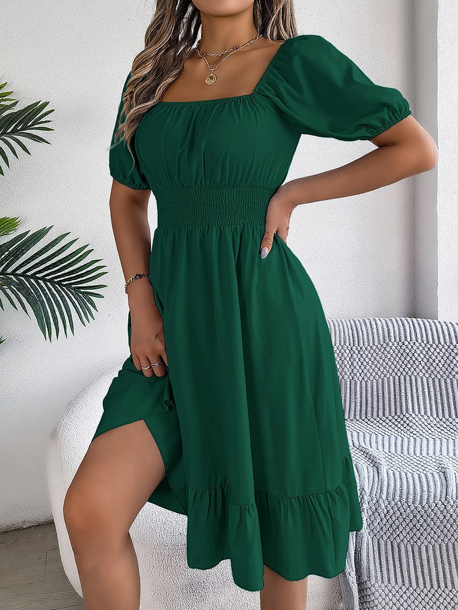 Dark Green Square Neck Knee Length Dress