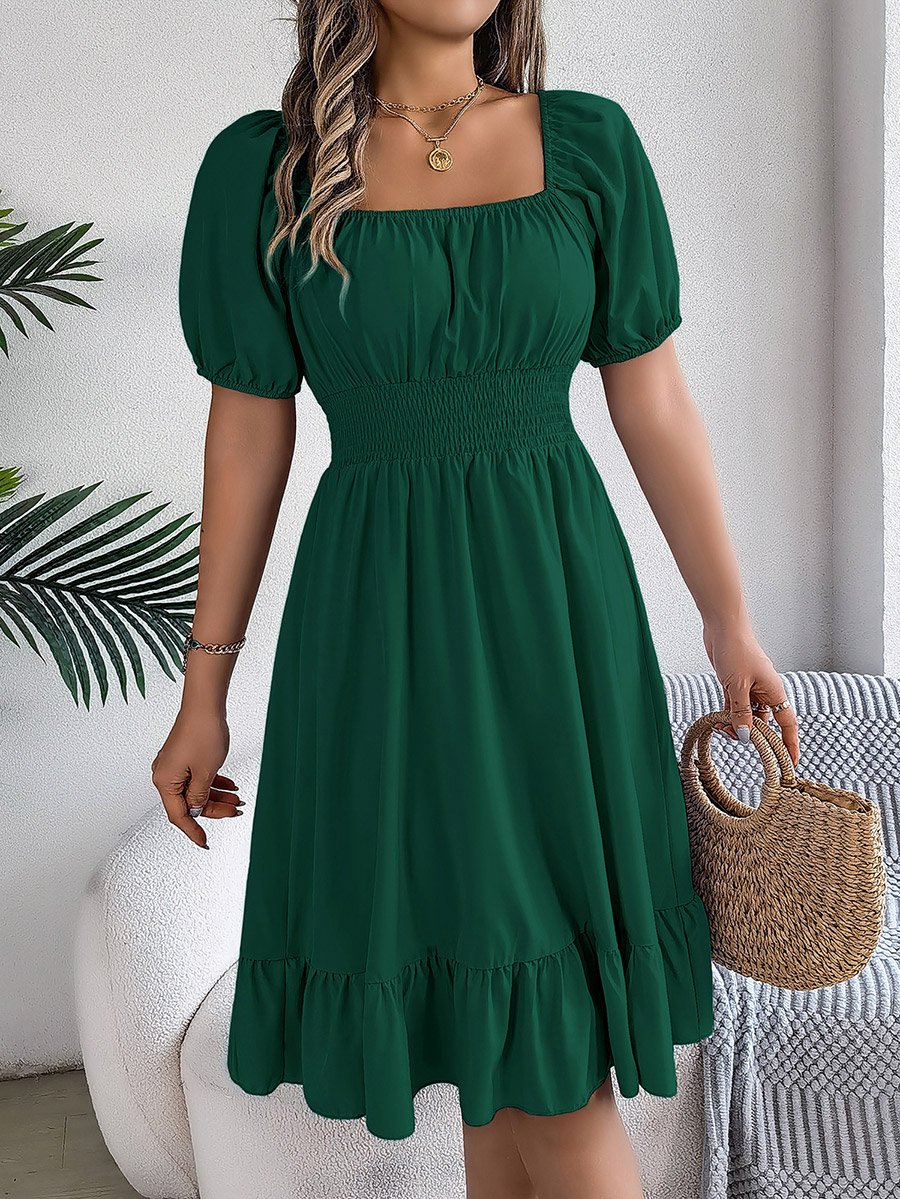 Dark Green Square Neck Knee Length Dress
