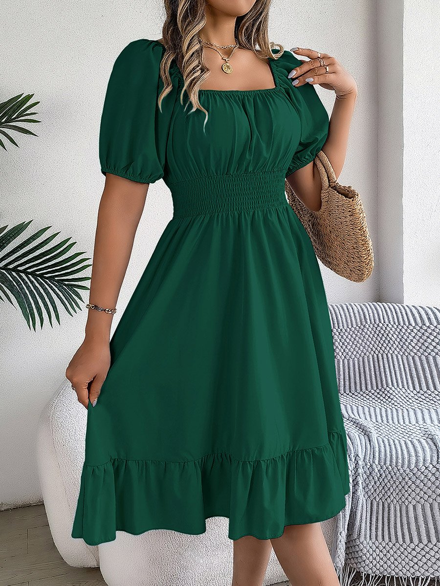 Dark Green Square Neck Knee Length Dress
