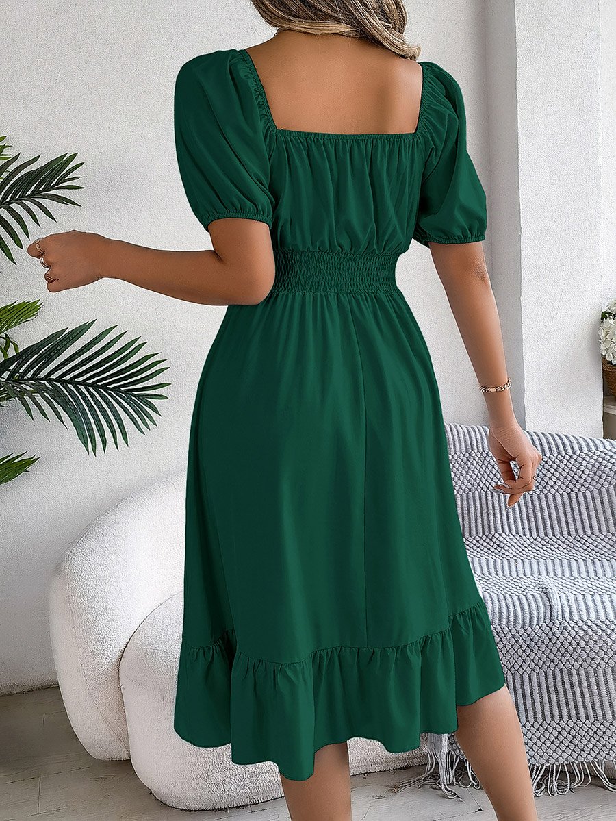 Dark Green Square Neck Knee Length Dress