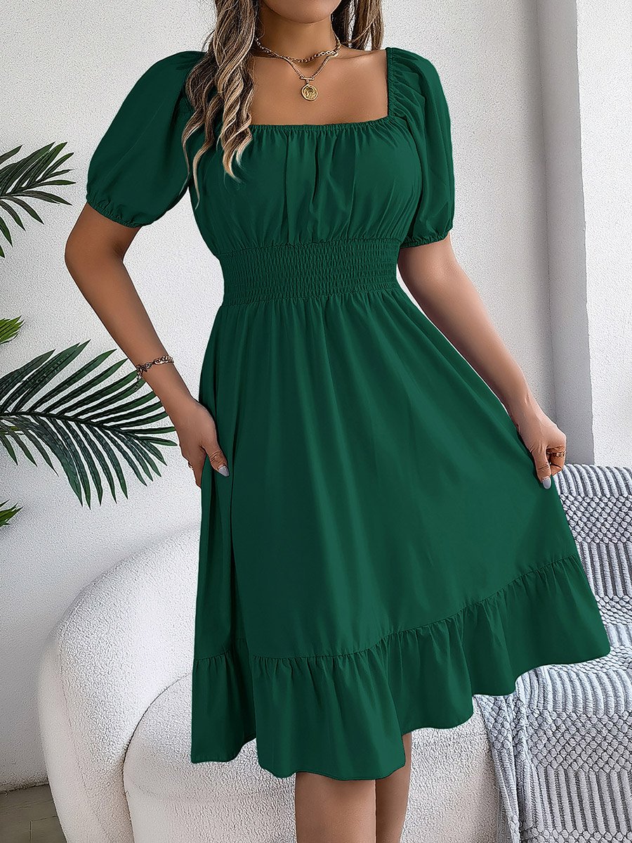 Dark Green Square Neck Knee Length Dress