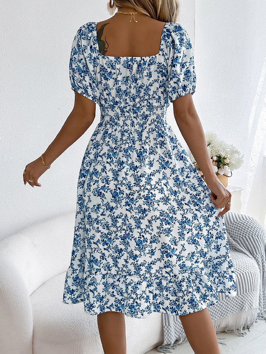 Blue Floral Square Neck A-Line Knee Length Dress