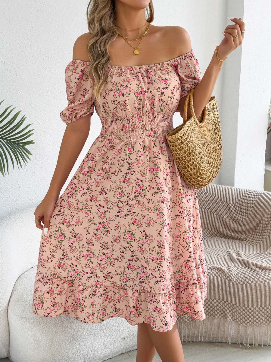 Pink Floral Square Neck A-Line Knee Length Dress