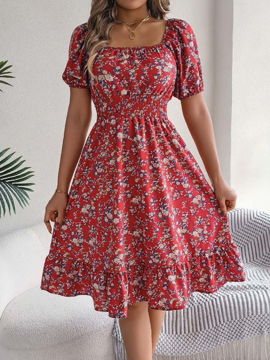 Red Floral Square Neck A-Line Knee Length Dress