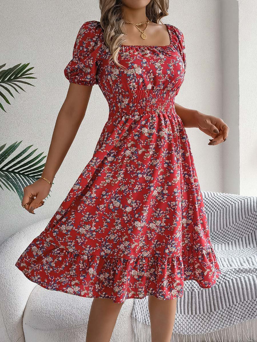Red Floral Square Neck A-Line Knee Length Dress