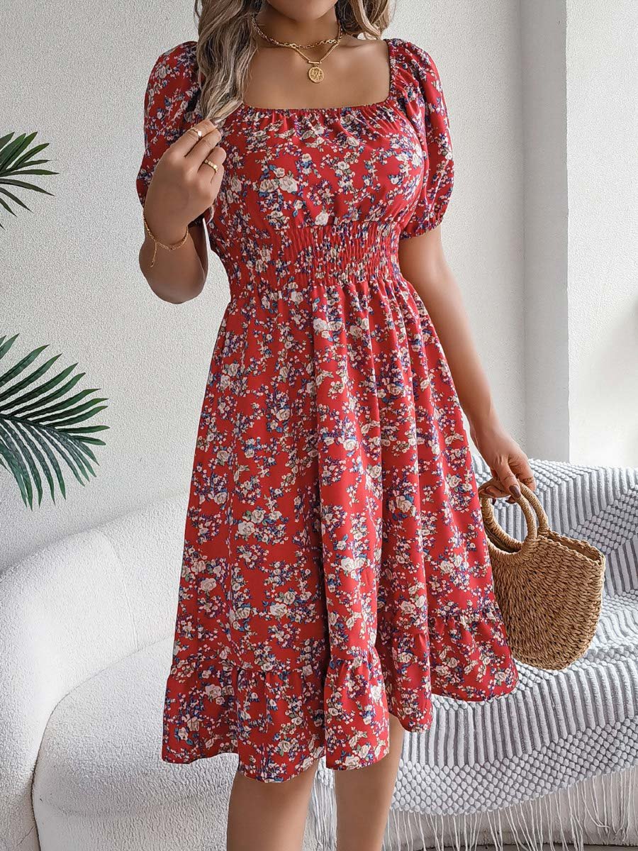 Red Floral Square Neck A-Line Knee Length Dress