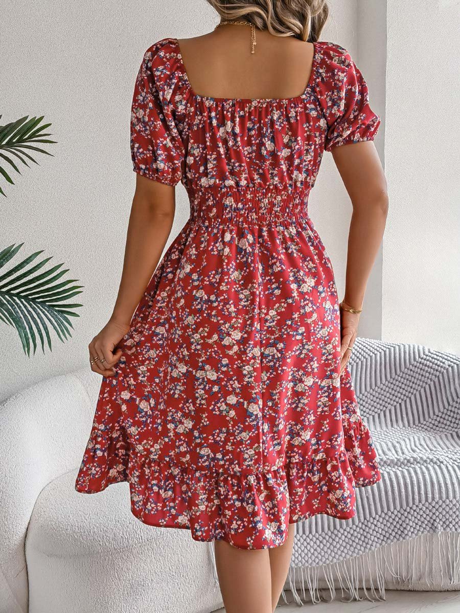 Red Floral Square Neck A-Line Knee Length Dress