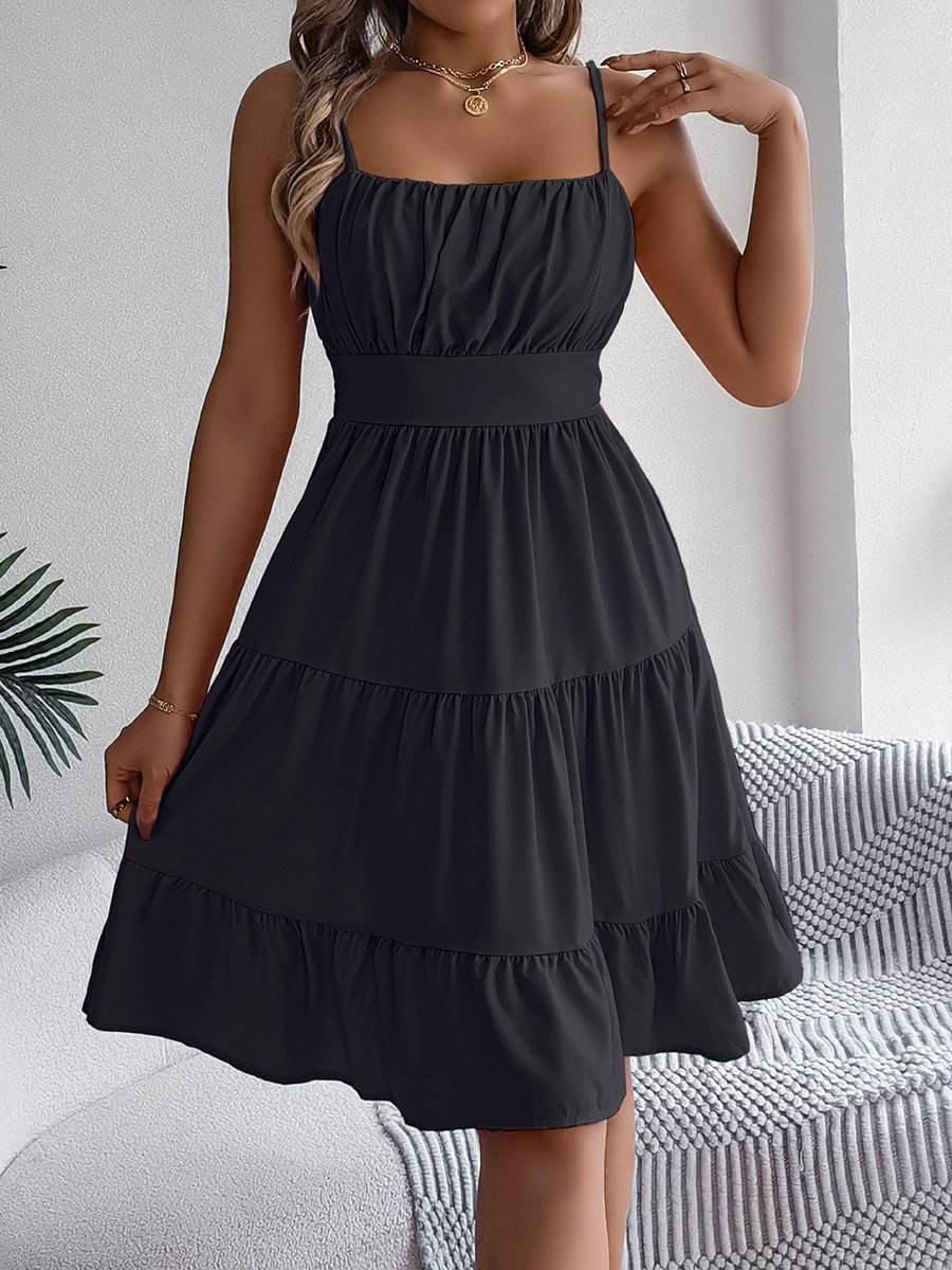 Black Tiered Cami Knee Length Dress