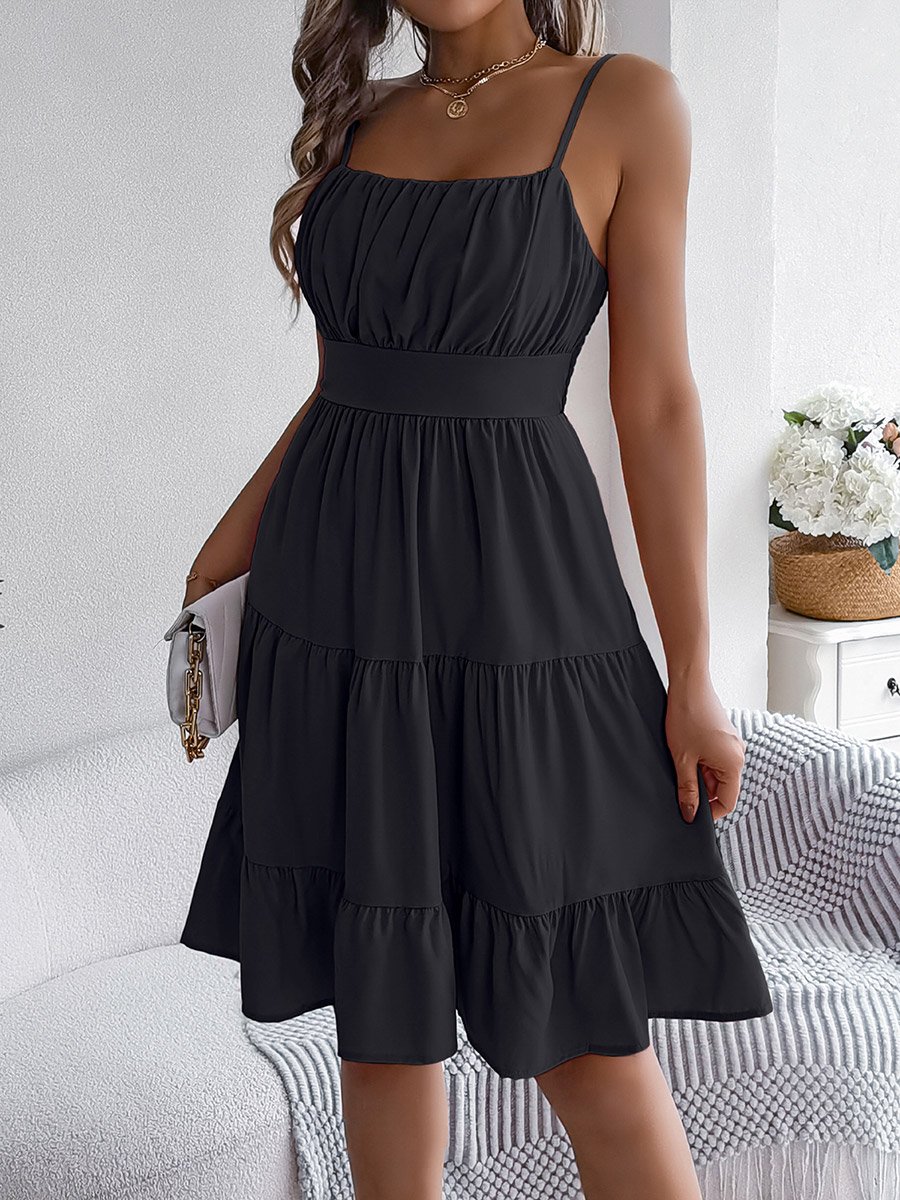 Black Tiered Cami Knee Length Dress