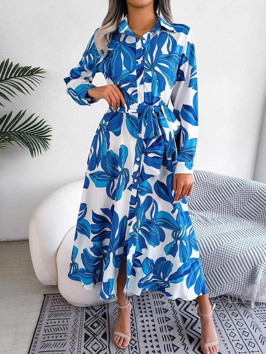 Blue All Over Print Maxi Shirt Dress