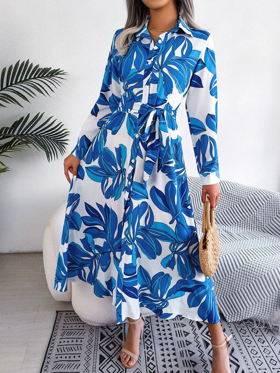 Blue All Over Print Maxi Shirt Dress