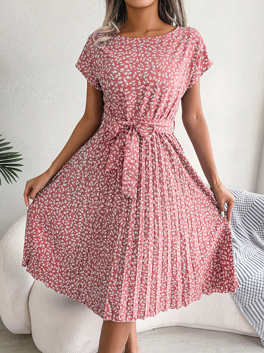 Pink Floral Print Pleated Knee Length Dress