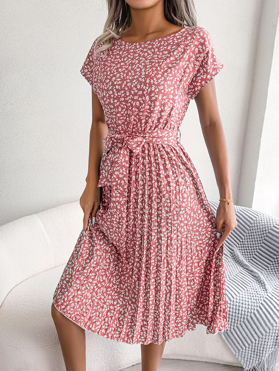 Pink Floral Print Pleated Knee Length Dress