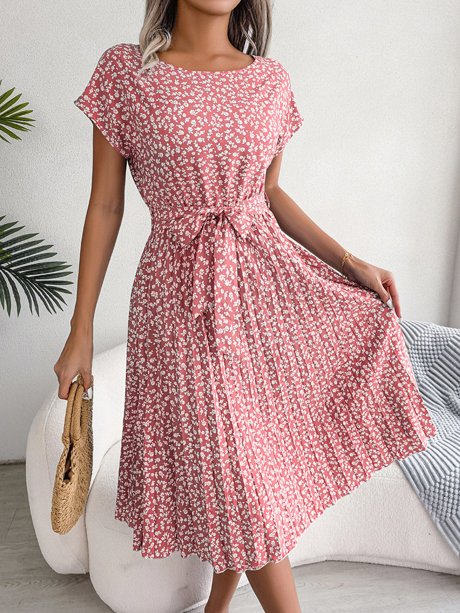 Pink Floral Print Pleated Knee Length Dress