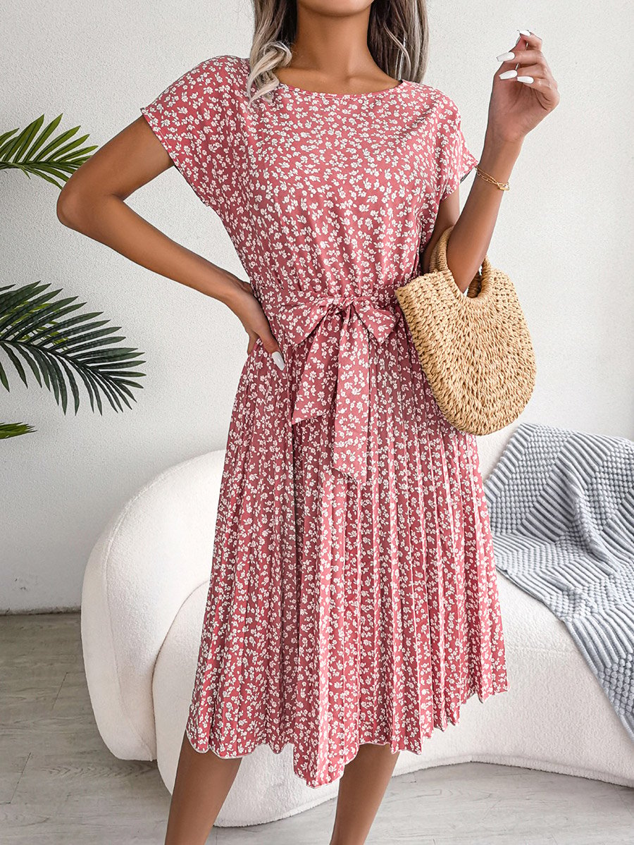 Pink Floral Print Pleated Knee Length Dress