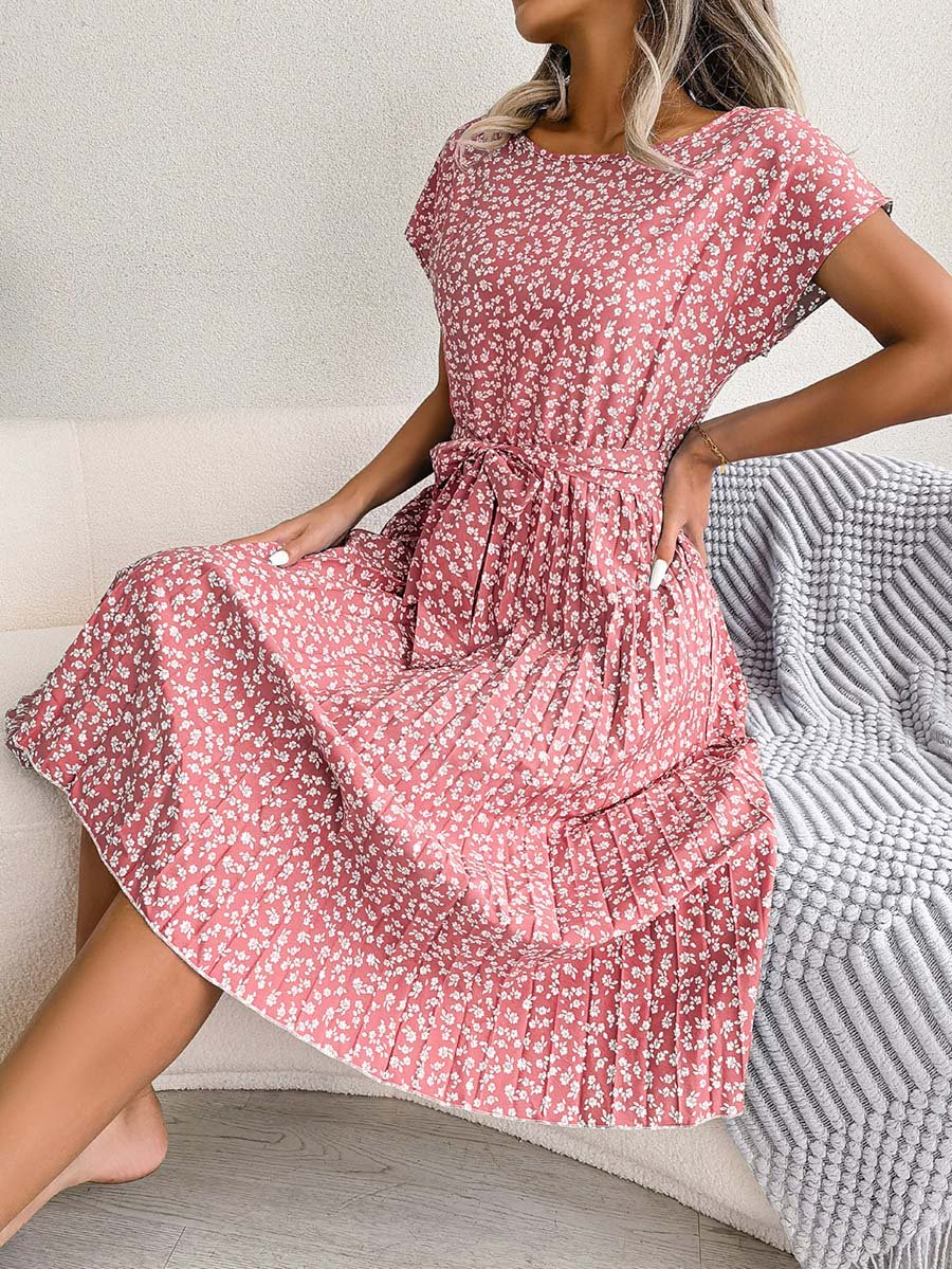 Pink Floral Print Pleated Knee Length Dress