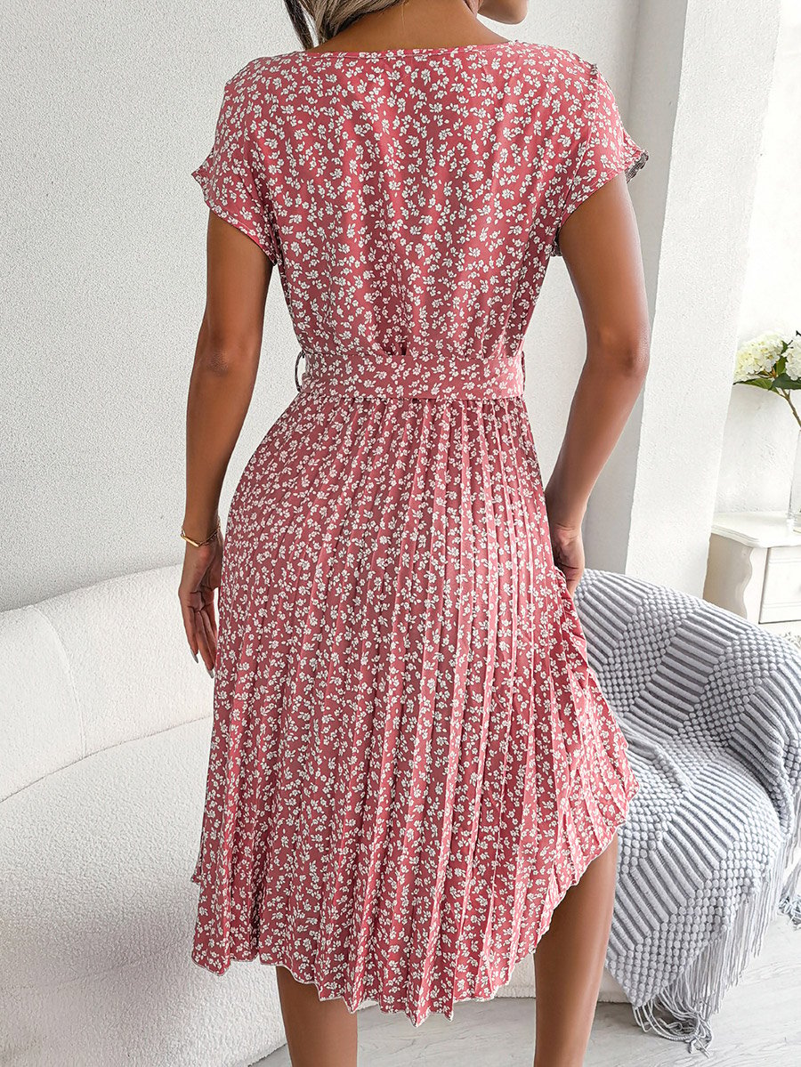 Pink Floral Print Pleated Knee Length Dress