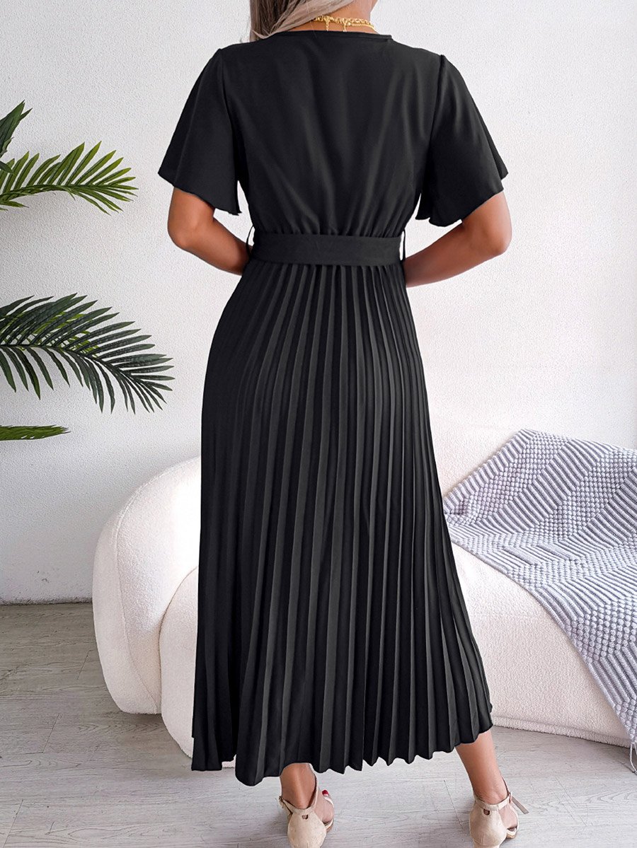 Black Pleated Maxi Dress with Tie-Belt