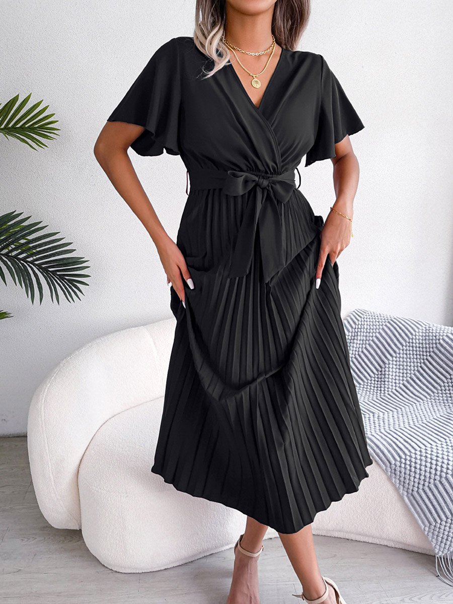 Black Pleated Maxi Dress with Tie-Belt