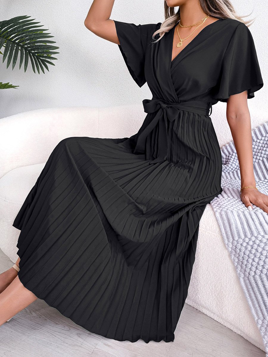 Black Pleated Maxi Dress with Tie-Belt