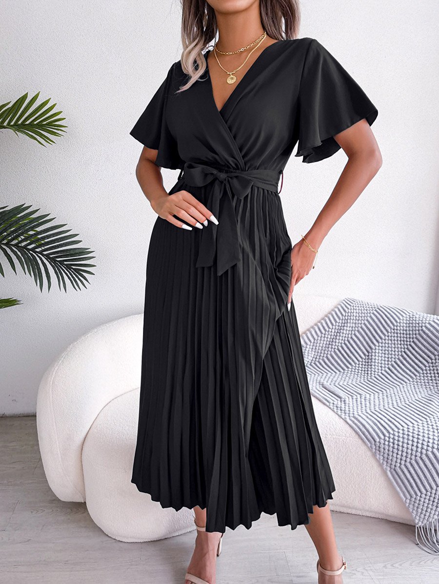 Black Pleated Maxi Dress with Tie-Belt