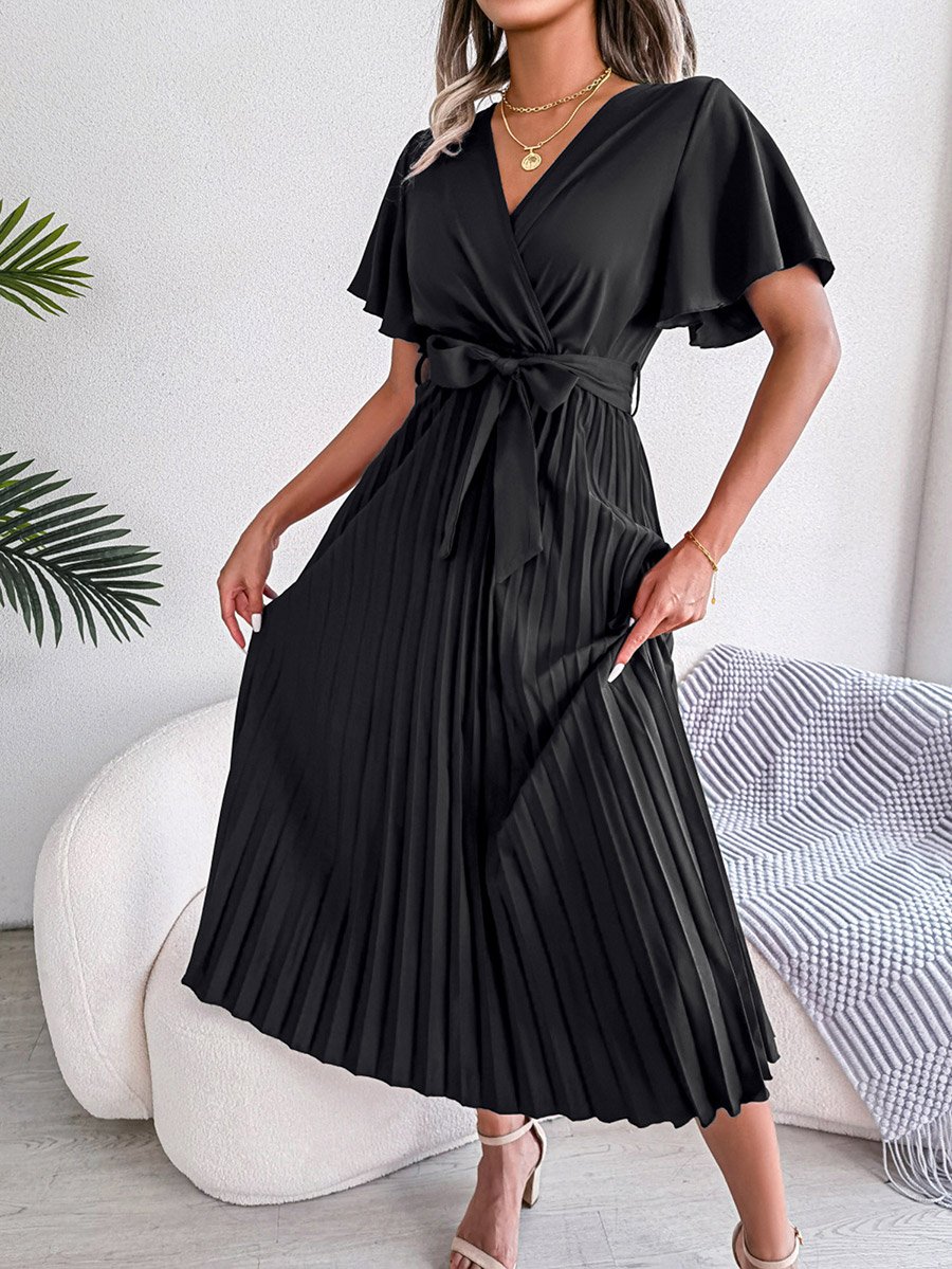 Black Pleated Maxi Dress with Tie-Belt