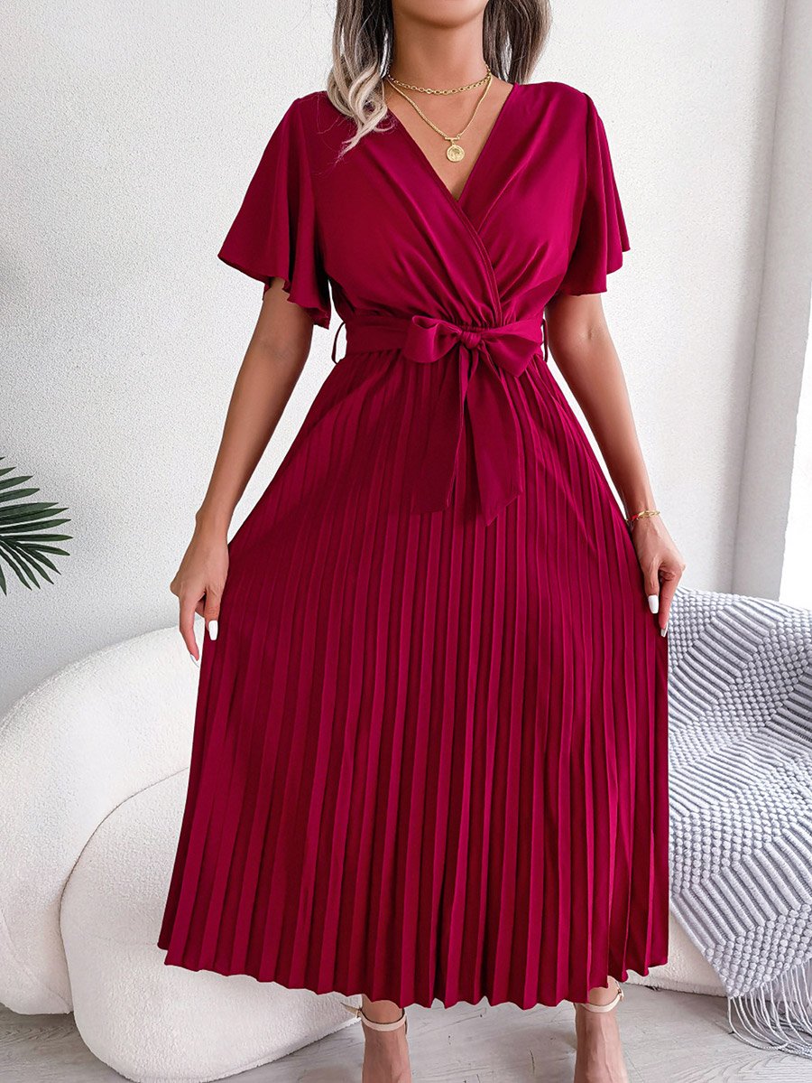 Burgundy Pleated Maxi Dress with Tie-Belt For Women at Saudi | Styli